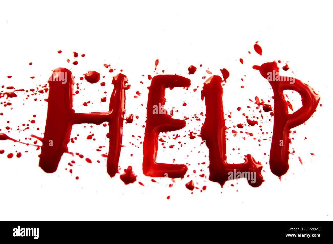 Bloody word Help with splatters, droplets, stains isolated on white background Stock Photo