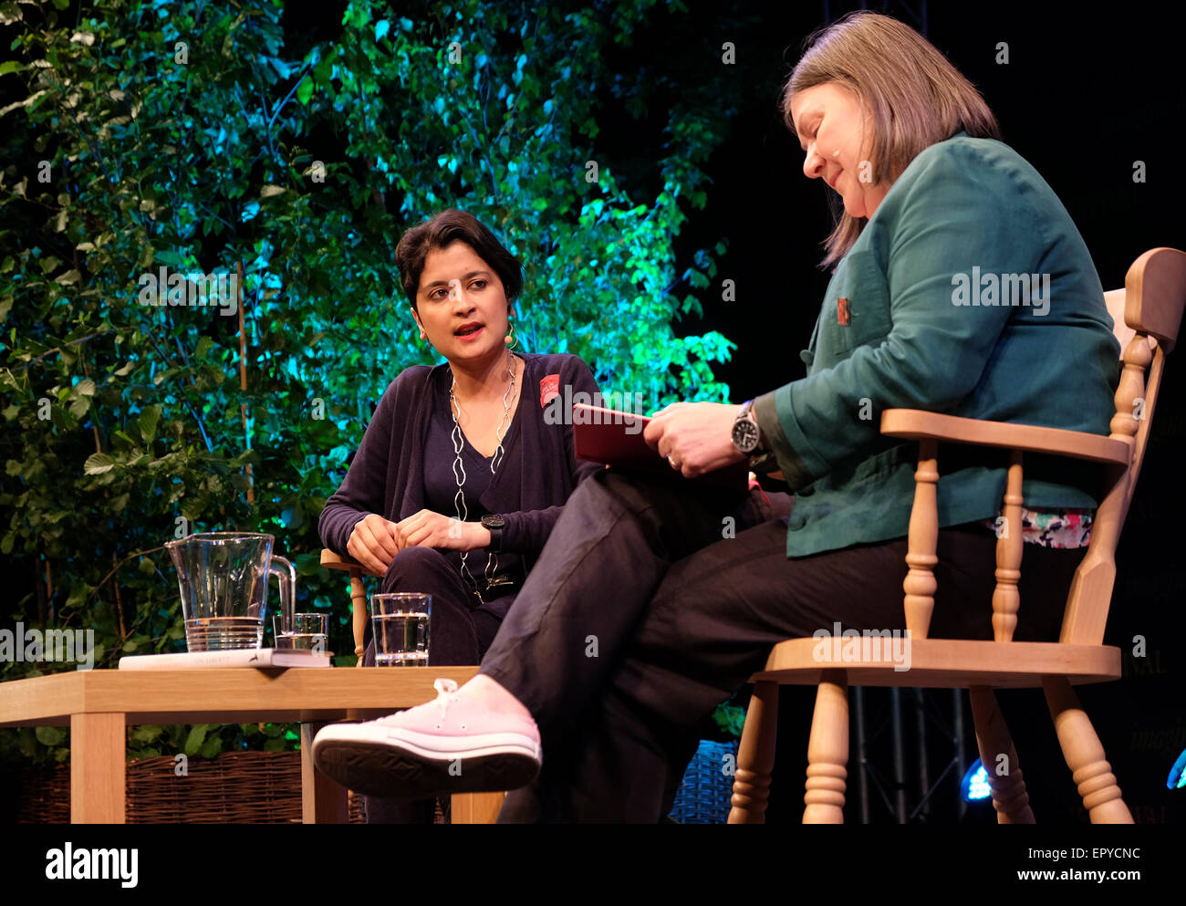 Hay Festival, Powys, Wales - 23rd May 2015 - Day 3 - The Director of Liberty Shami Chakrabarti on stage being interviewed by economist Susie Symes talking about rights and freedoms. Stock Photo