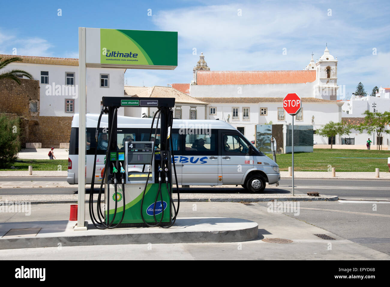 Petrol pump on the roadside in the historic town of Lagos in the Algarve holiday region of Portugal Stock Photo