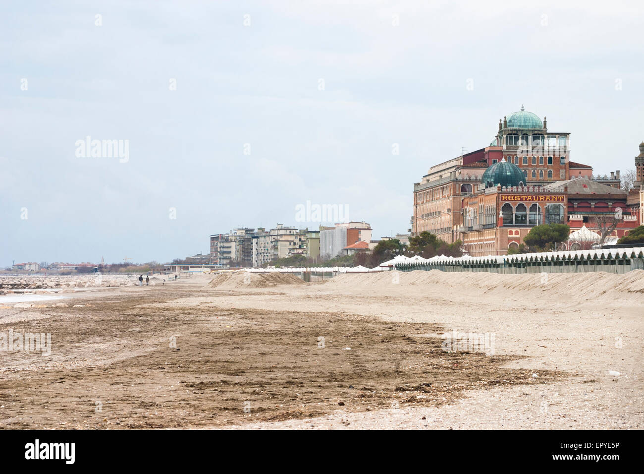 Lido Beach in Venice, Italy with Hotel Excelsior in the background Stock Photo