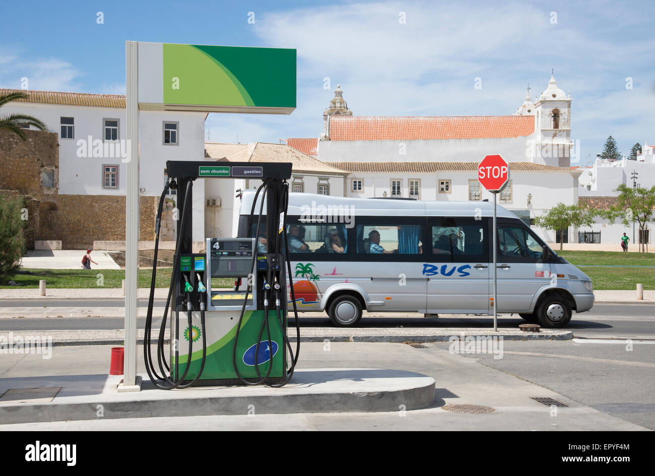 Petrol pump on the roadside in the historic town of Lagos in the Algarve holiday region of Portugal Stock Photo