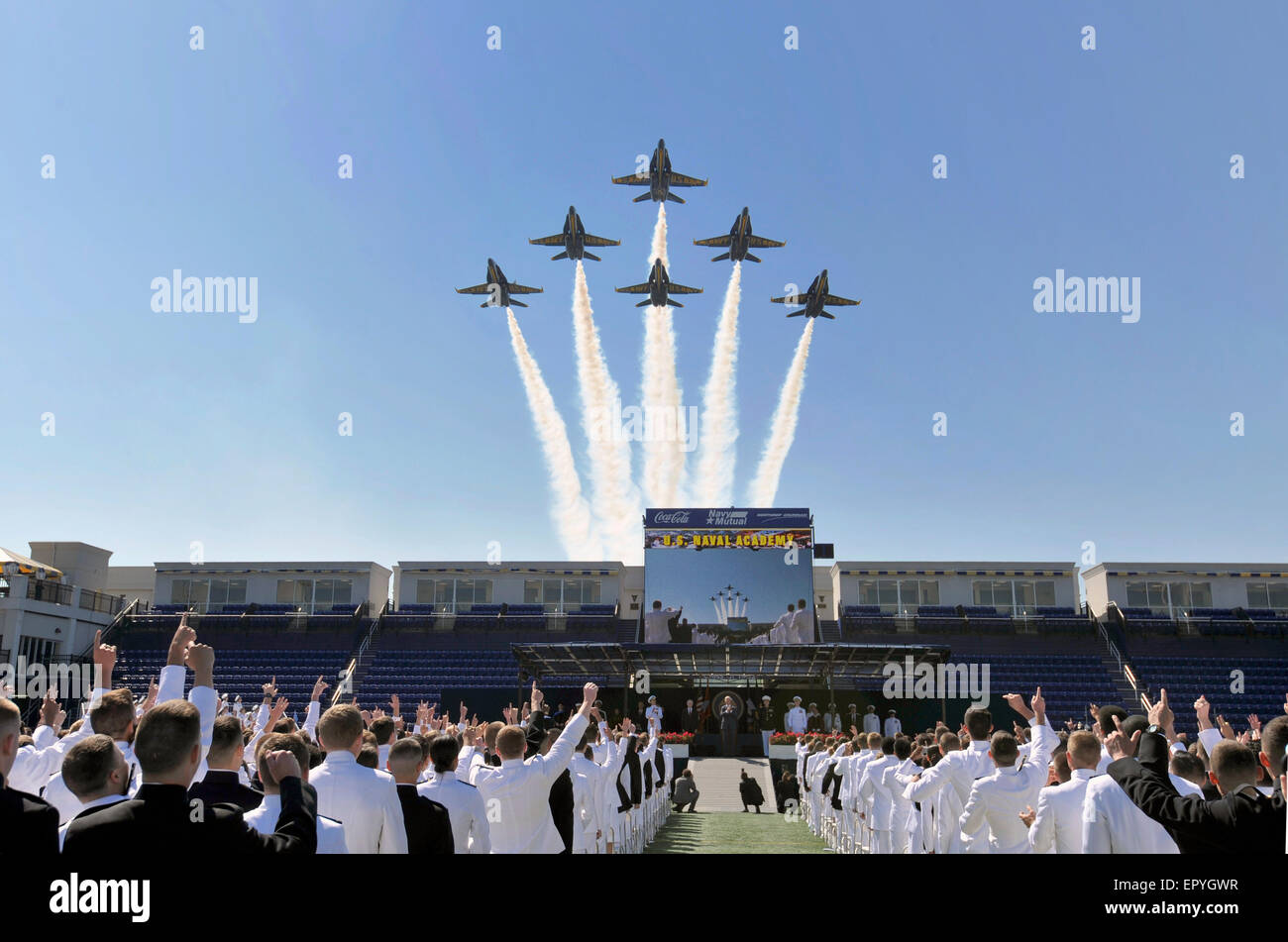 The U.S. Navy Blue Angels, perform a fly over during the Naval Academy