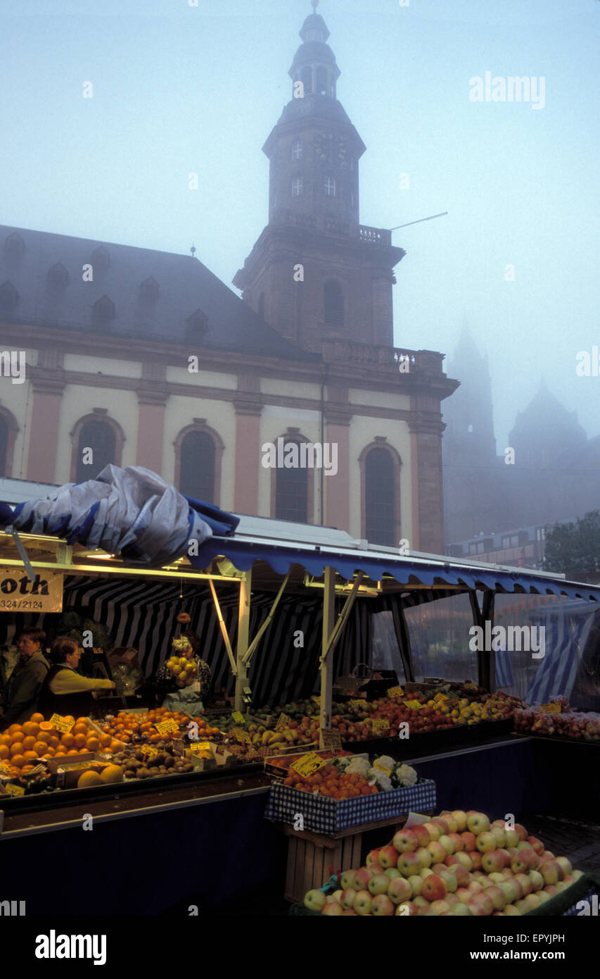 DEU, Germany, Worms, market at the Dreifaltigkeits church, early morning, fog.  DEU, Deutschland, Worms, Marktstand vor der Drei Stock Photo
