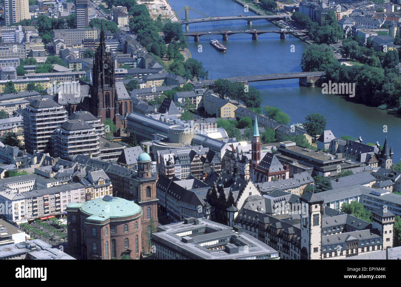 DEU, Germany, Hesse, Frankfurt, view from the Maintower to the city with the Pauls church, the Kaiserdom cathedral, river Main.  Stock Photo