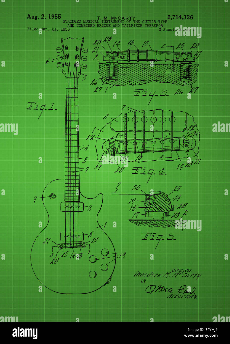Les Paul  Guitar patent from 1955 inventor T. M. McCarty Vintage patent artwork great presentation in both corporate and persona Stock Photo