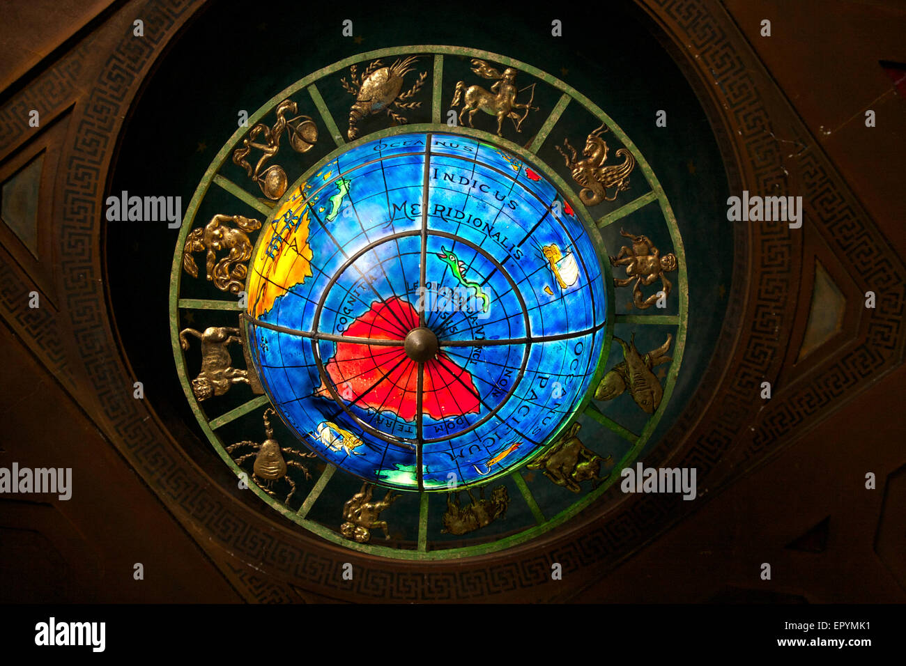 Colored globe lamp in the the Arts building, surrounded by the signs of the zodiac at Montreal's McGill University Stock Photo