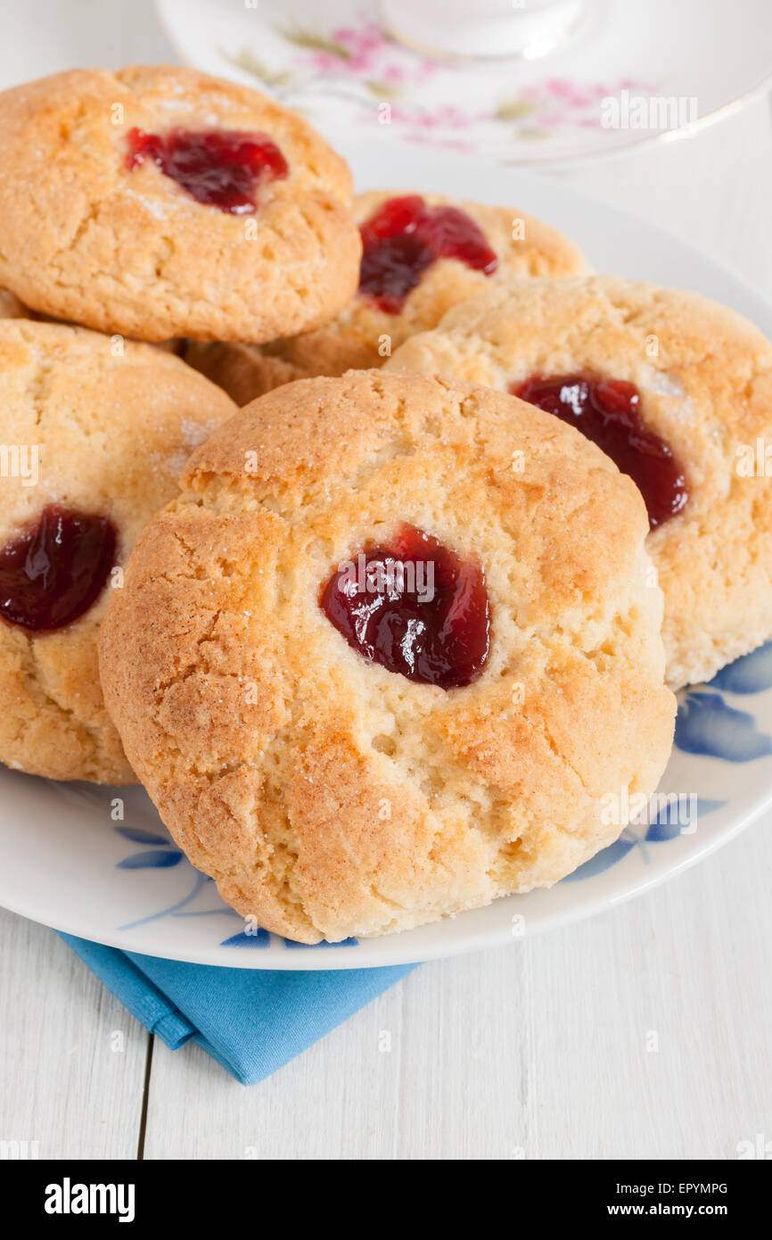 Jam Drops or Jam cushions an old fashioned tea time biscuit with a blob of jam in the middle Stock Photo