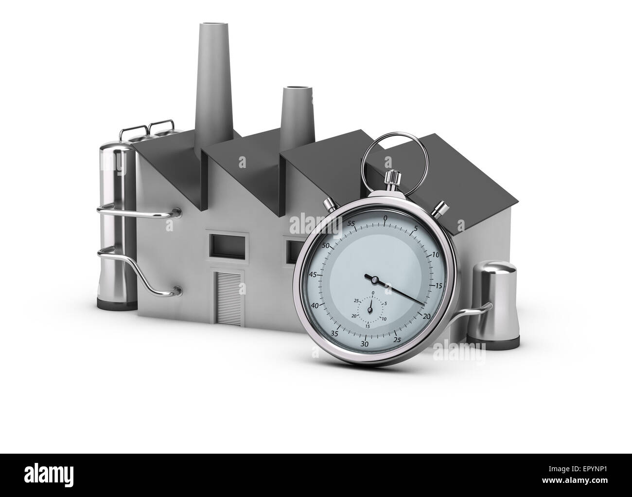 Illustration of productivity. 3D render of a factory and a stopwatch. Image over white background. Stock Photo