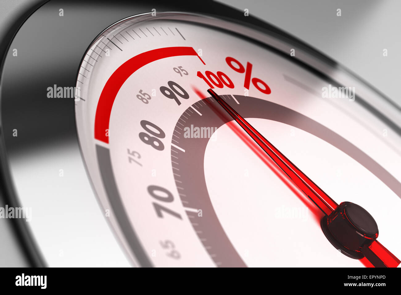 Percent meter with the needle pointing very close to one hundred. Concept of excellence or full capacity. Stock Photo