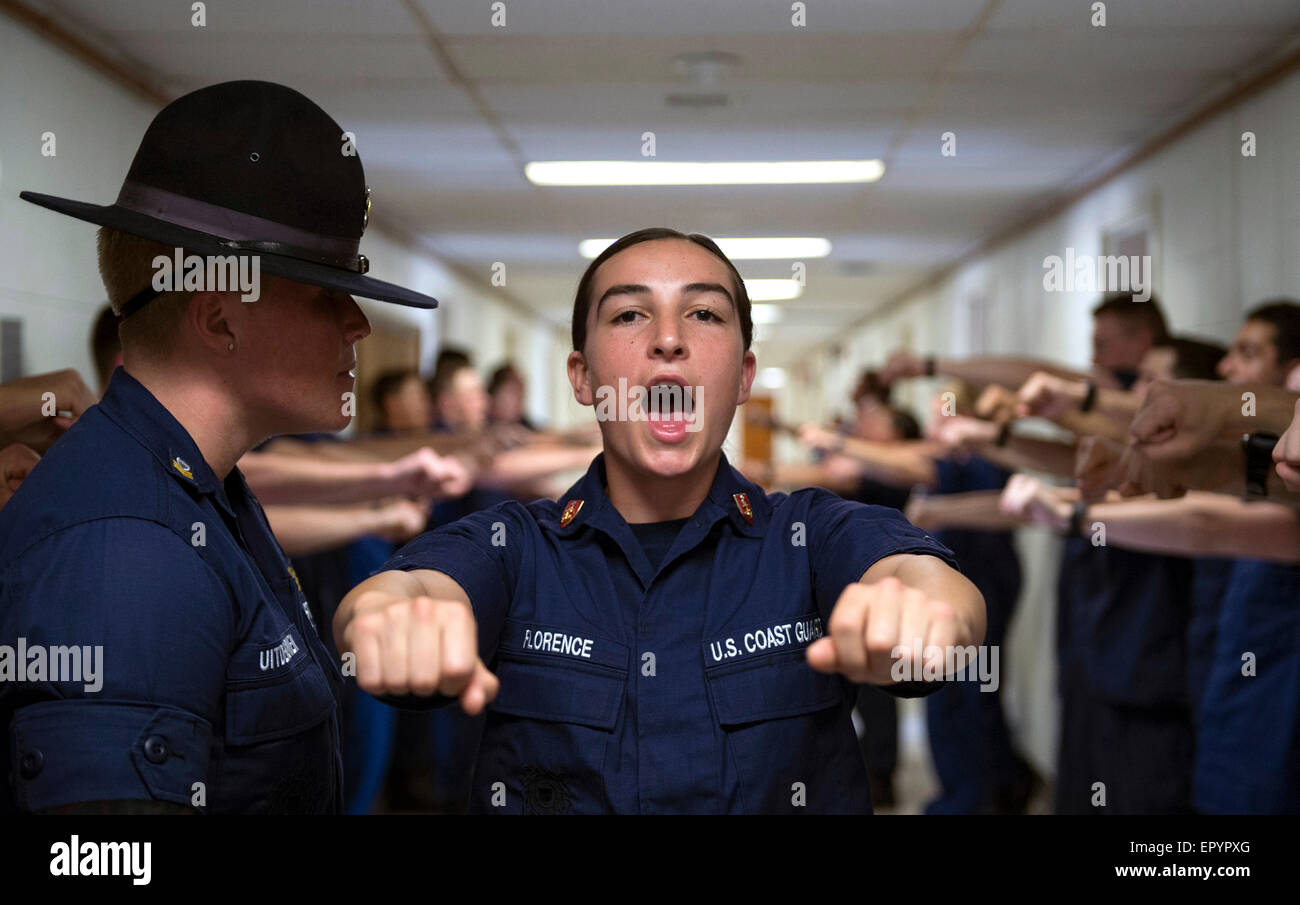 U.S. Coast Guard Company Commanders from Training Center Cape May drill second-class cadets at the U.S. Coast Guard Academy May 12, 2015 in New London, CT. Stock Photo
