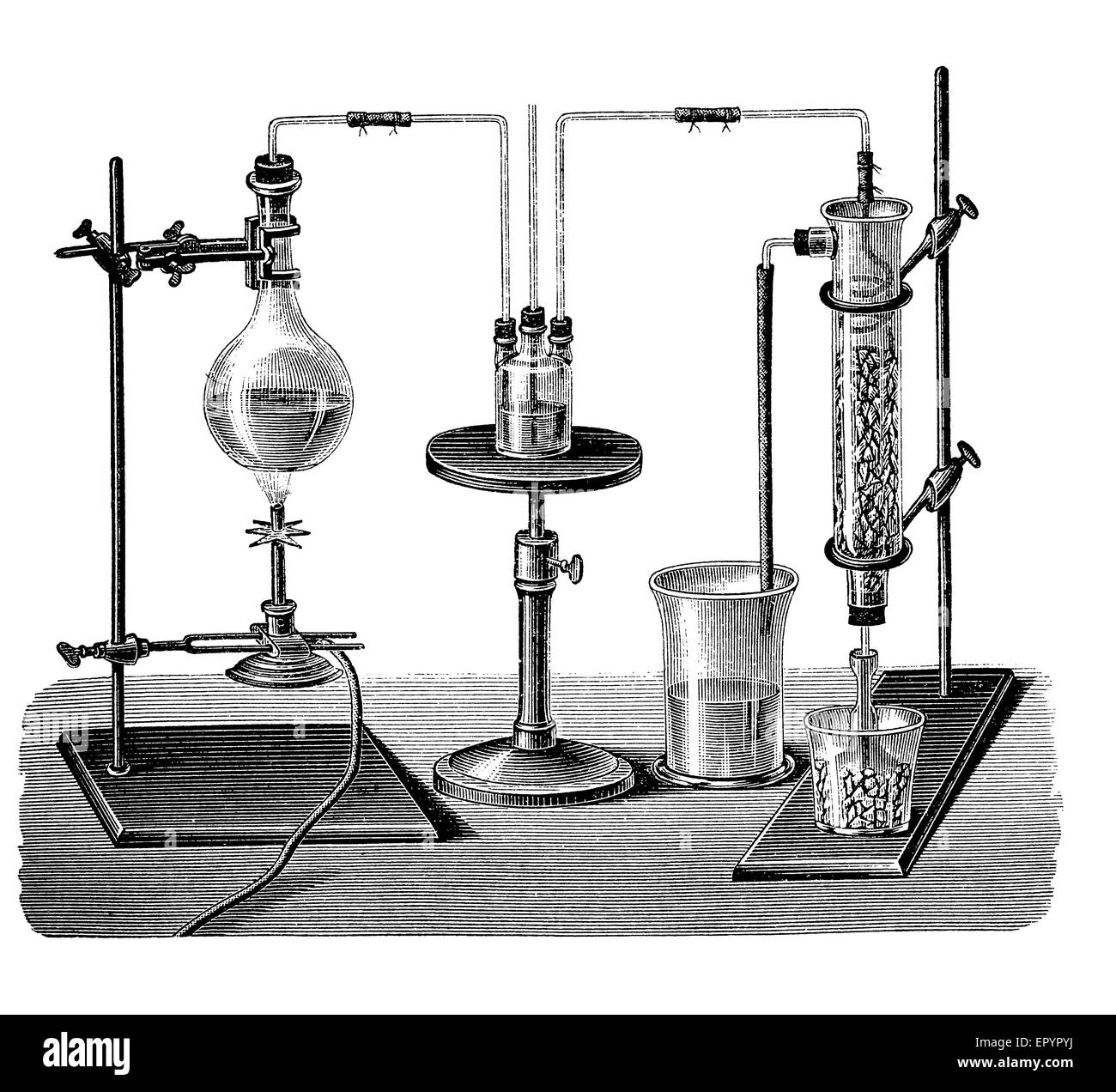 Vintage chemistry lab equipment for sulfur dioxide production. The gas is condensed to liquid form through a mixture of ice and salt. Sulfur dioxide was used by the Romans in winemaking when they discovered that burning sulfur candles inside empty wine vessels kept them fresh and free from vinegar smell. Stock Photo