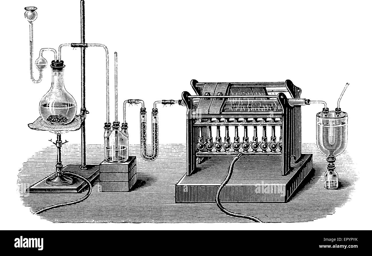 Vintage chemistry engraving, lab equipment for production of  silicon tetrachloride : SiO2+Cl4+C2=SiCl4+2 CO. The silicon tetrachloride is condensed to colorless liquid form. Stock Photo