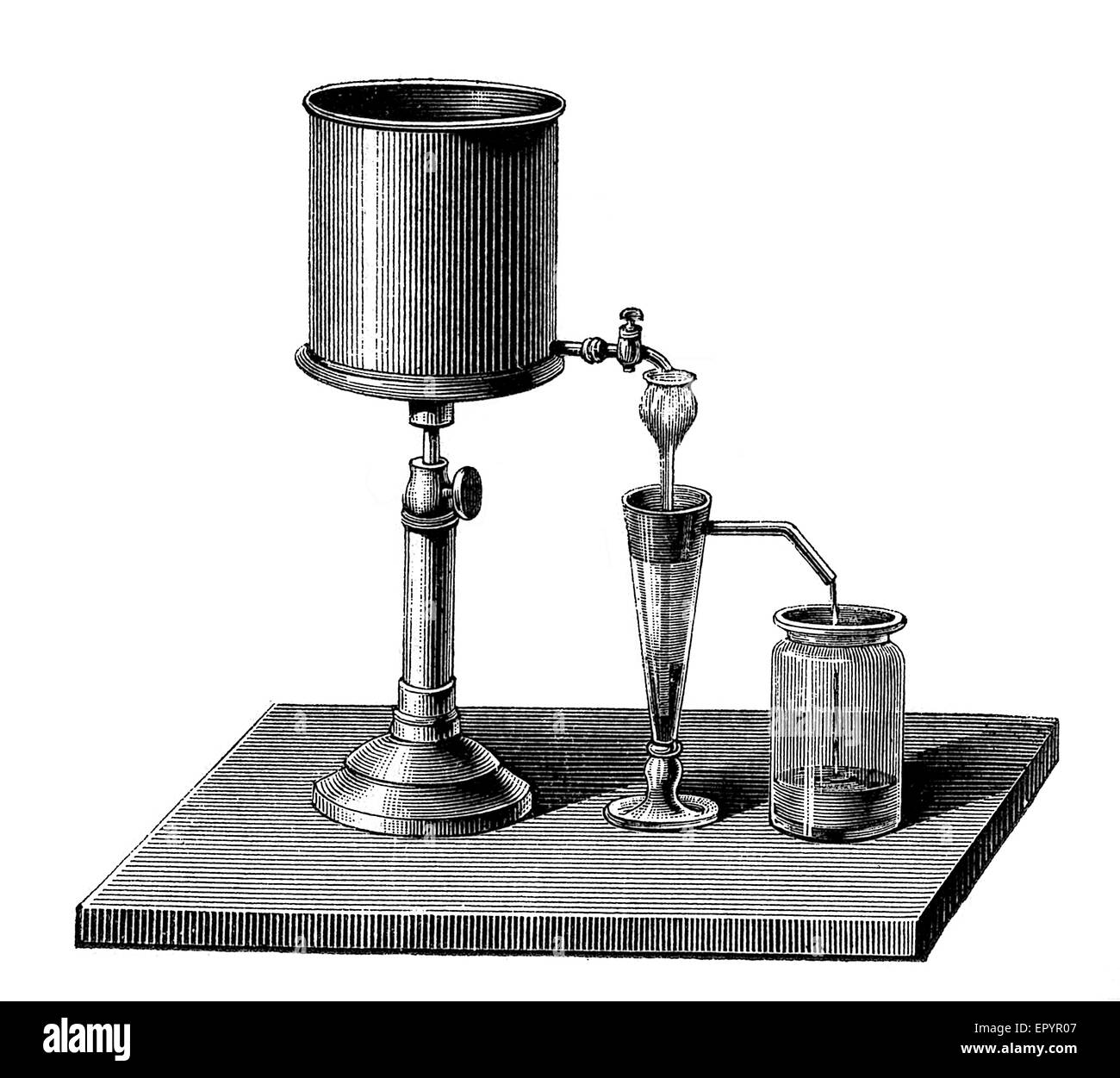 Vintage engraving chemistry, chemistry lab equipment, device to separate soil (mould, humus) in clay and sand by depositing the latter and washing off the former Stock Photo