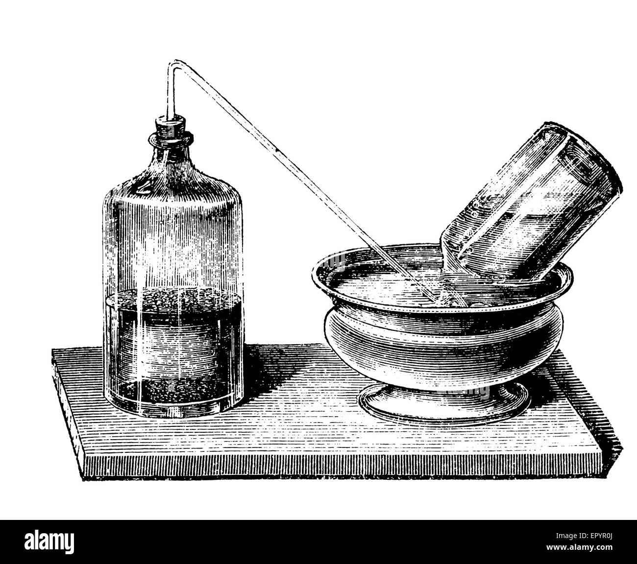 Vintage chemistry engraving, device to collect the carbon dioxyde resulting from the fermentation of a 12.5% honey solution in water Stock Photo