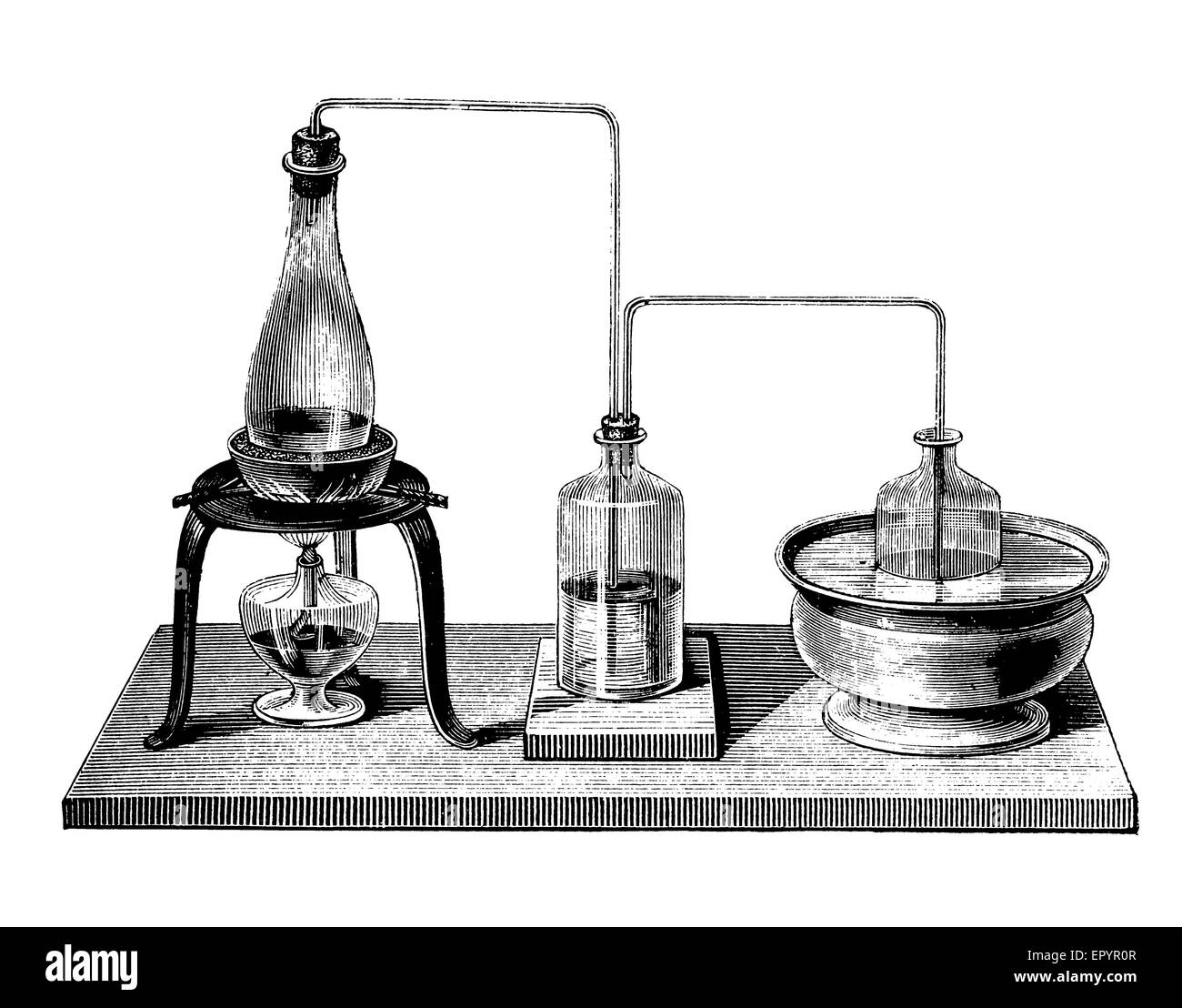 Vintage chemistry equipment, device to perform a double distillation (rectification) by inserting between kettle and condenser an 'opodeldoc flask' to feed back in the kettle part of the first distillation product Stock Photo