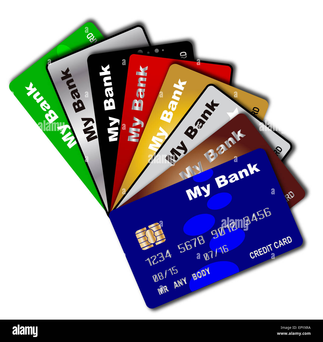 A collection of credit and debit cards fanned out over a white