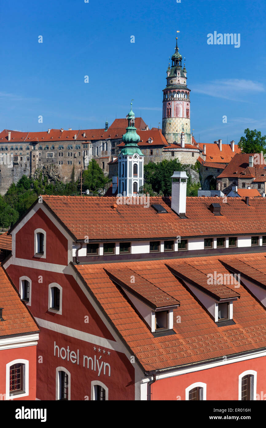Cesky Krumlov, UNESCO heritage world site, medieval town, red roofs of old town houses, Czech Republic Stock Photo
