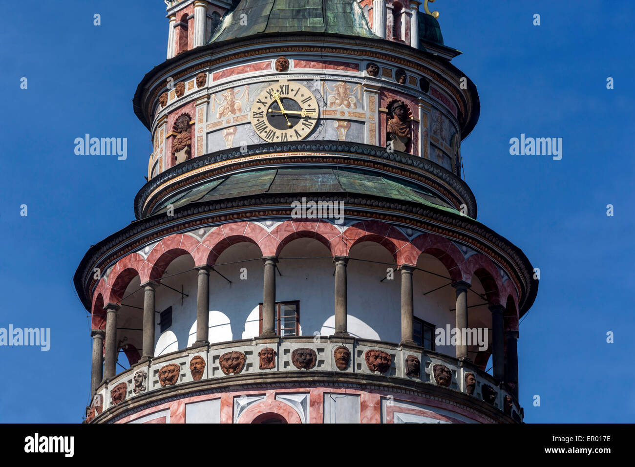 View of the painted Renaissance castle tower, Cesky Krumlov Bohemia, Czech Republic Stock Photo