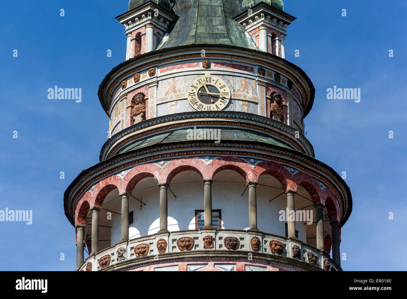 Renaissance Round Tower Painted Facade Lookout Balustrade Cesky Krumlov Castle Cesky Krumlov Czech Republic Europe Stock Photo