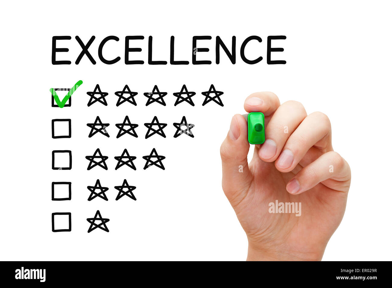 Hand putting check mark with green marker on Excellence five star rating. Stock Photo