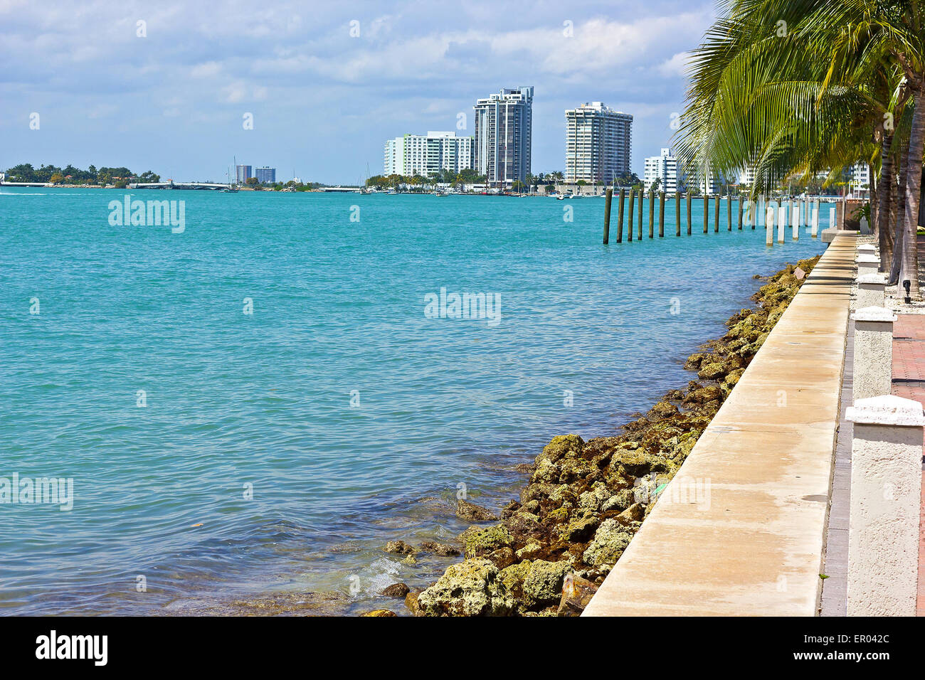 View of waterway with city buildings in Miami Beach, Florida. Stock Photo