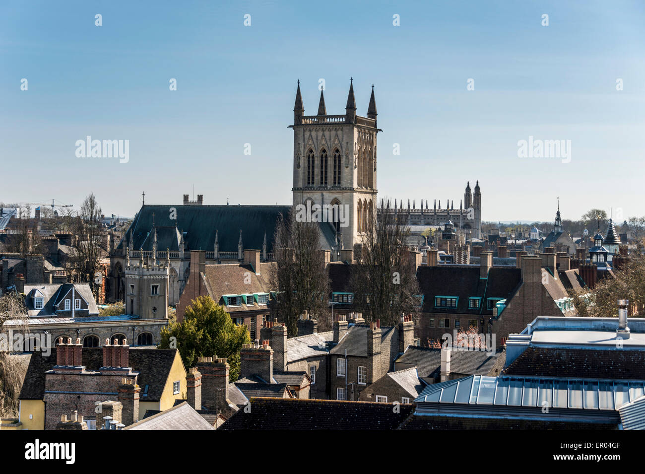 Over the rooftops of Cambridge to the Chapel tower of St John's College, a part of Cambridge University Stock Photo