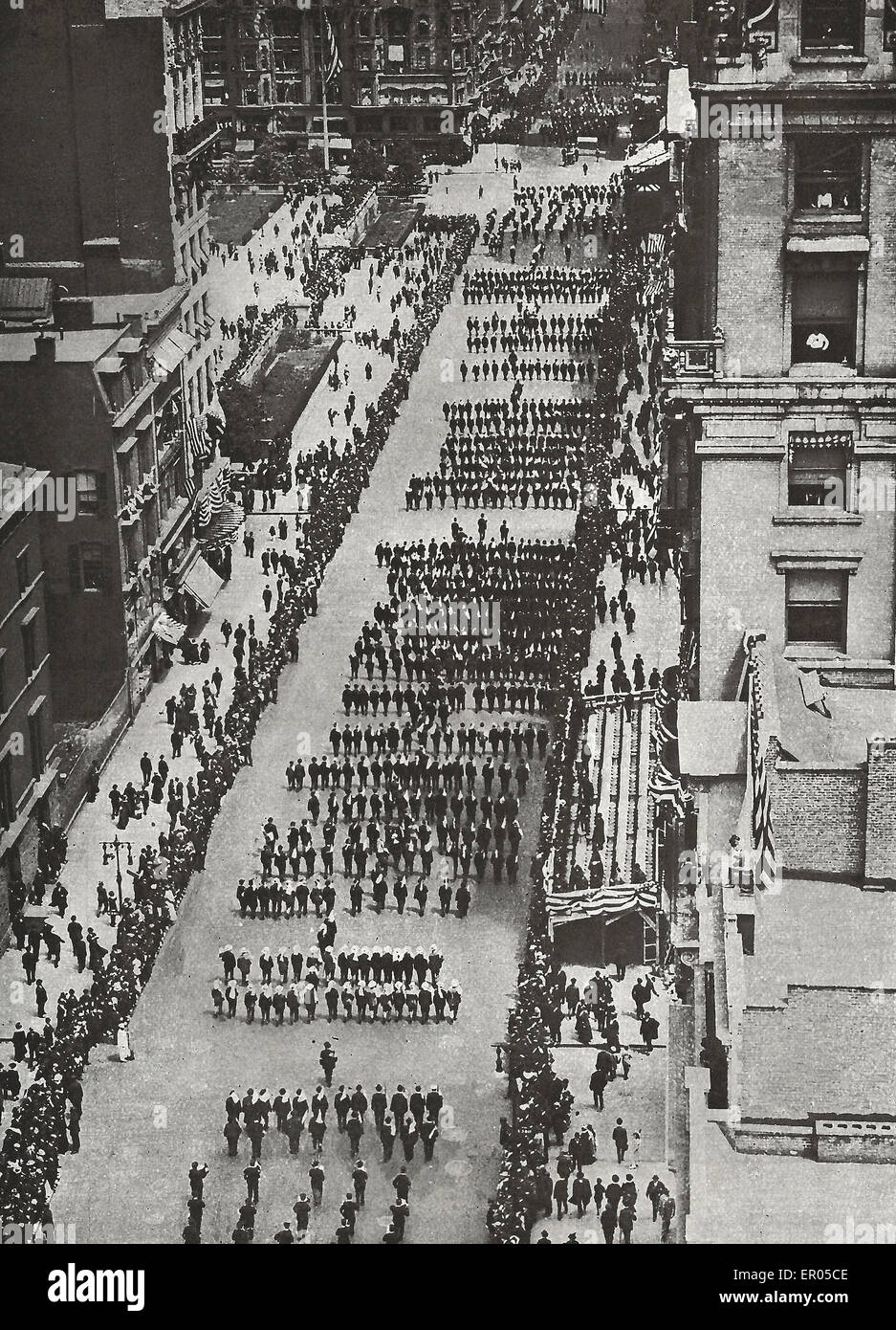 A Preparedness Parade - New York Business men, one hundred and fifty thoudand strong, march up Fifth Avenue, demonstrating for preparedness  1917 Stock Photo