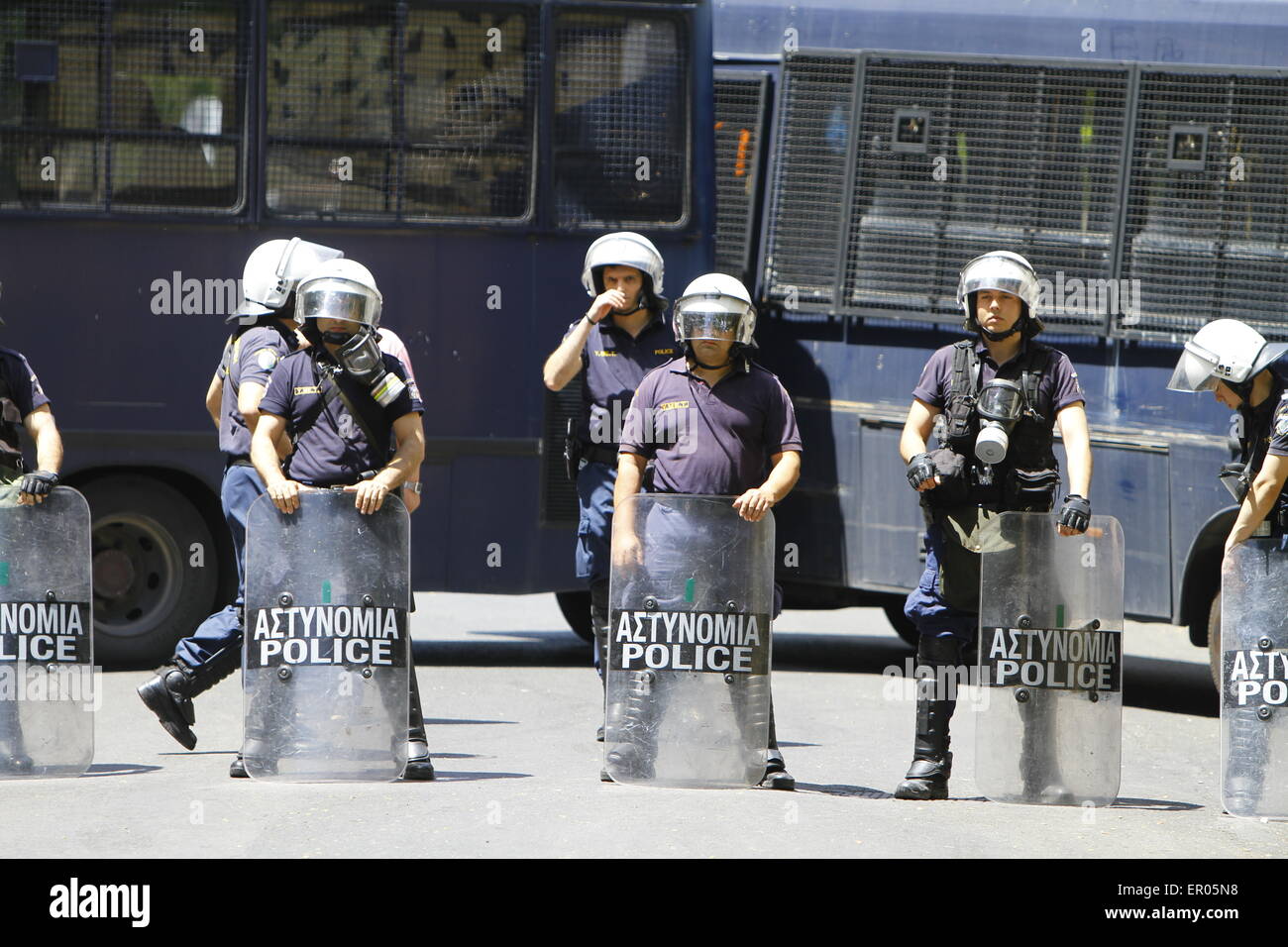 Athens, Greece. 23rd May, 2015. Riot police officers protect the German ...