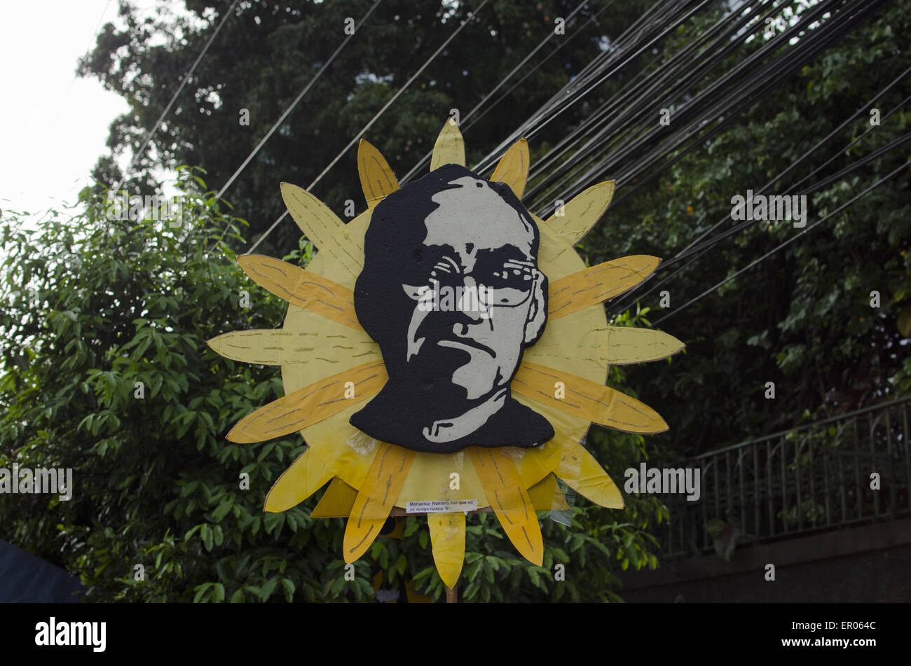 San Salvador, San Salvador, El Salvador. 23rd May, 2015. A sign made in the shape of a sun and bearing the likeness of Oscar Arnulfo Romero reads ''MonseÃ±or Romero, the light that will never go out.'' March 23 marked the beatification of the prelate, assassinated in 1980 while saying mass. © ZUMA Wire/ZUMAPRESS.com/Alamy Live News Stock Photo