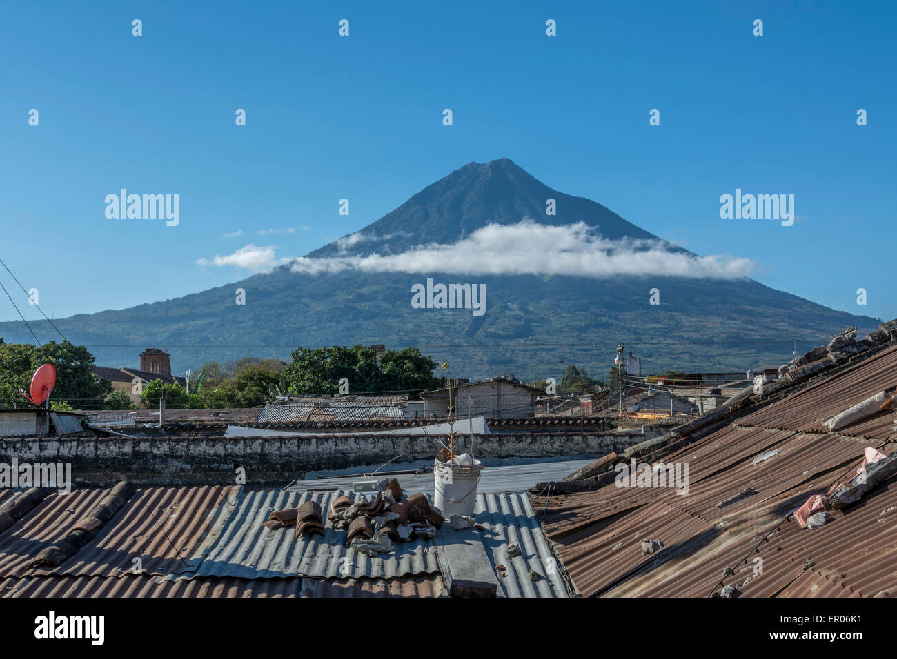 View of Volcan de Agua from a roof in Antigua Guatemala Stock Photo
