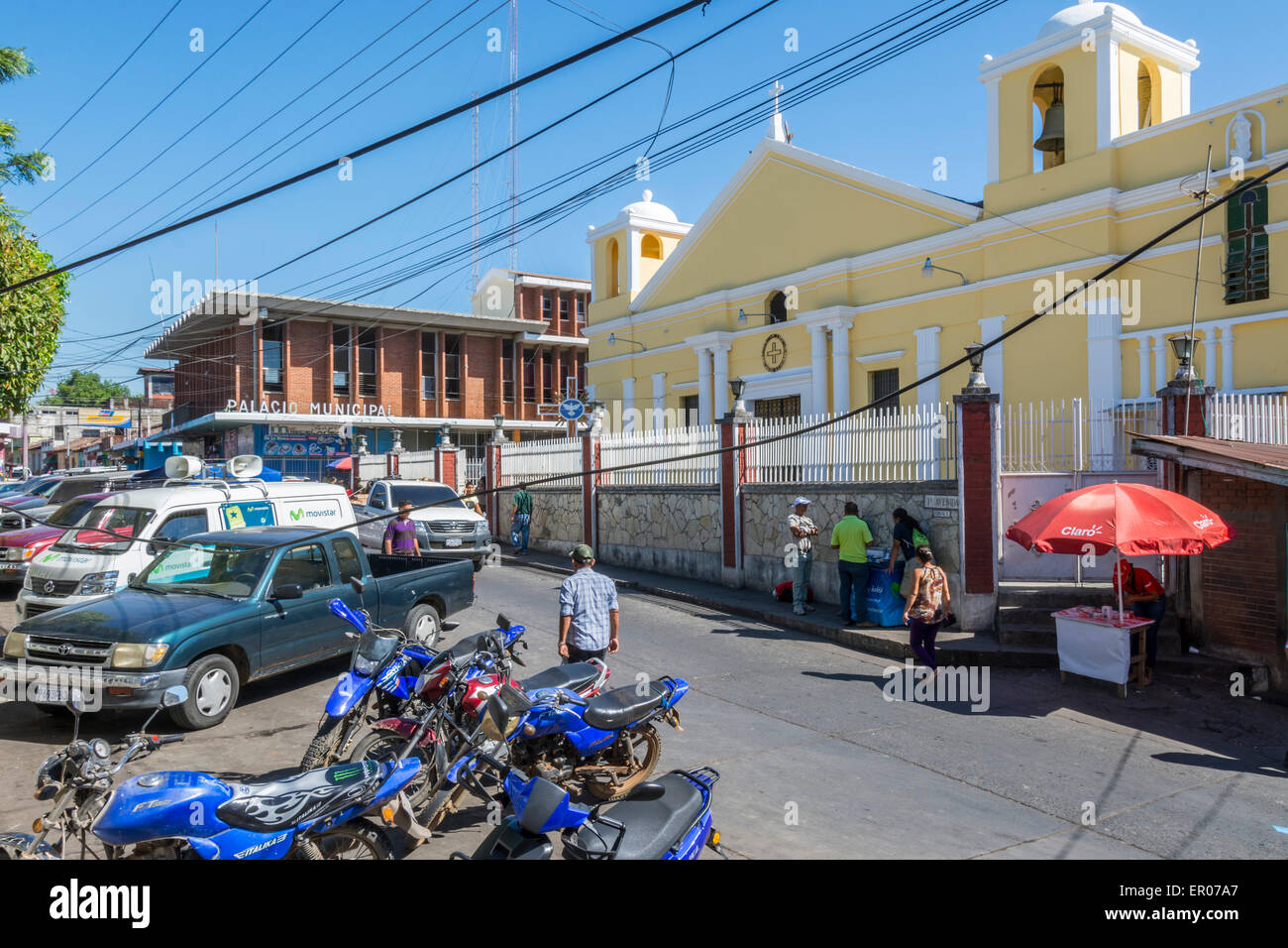 Catholic church near central park in Chiquimulilla Guatemala Stock Photo