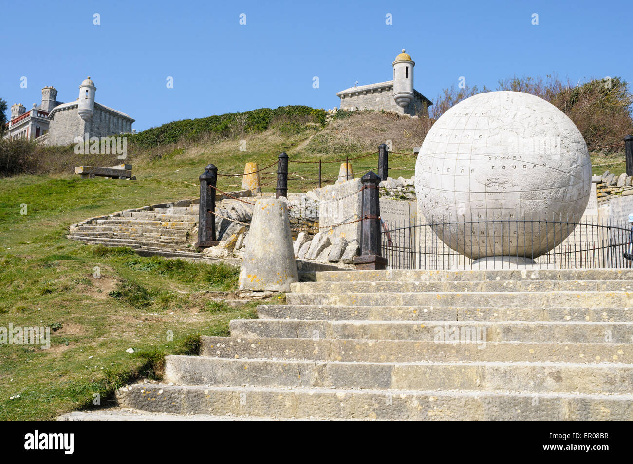 The Great Globe, Durlston Country Park, Swanage, Dorset, England sits below Durlston Castle. Stock Photo