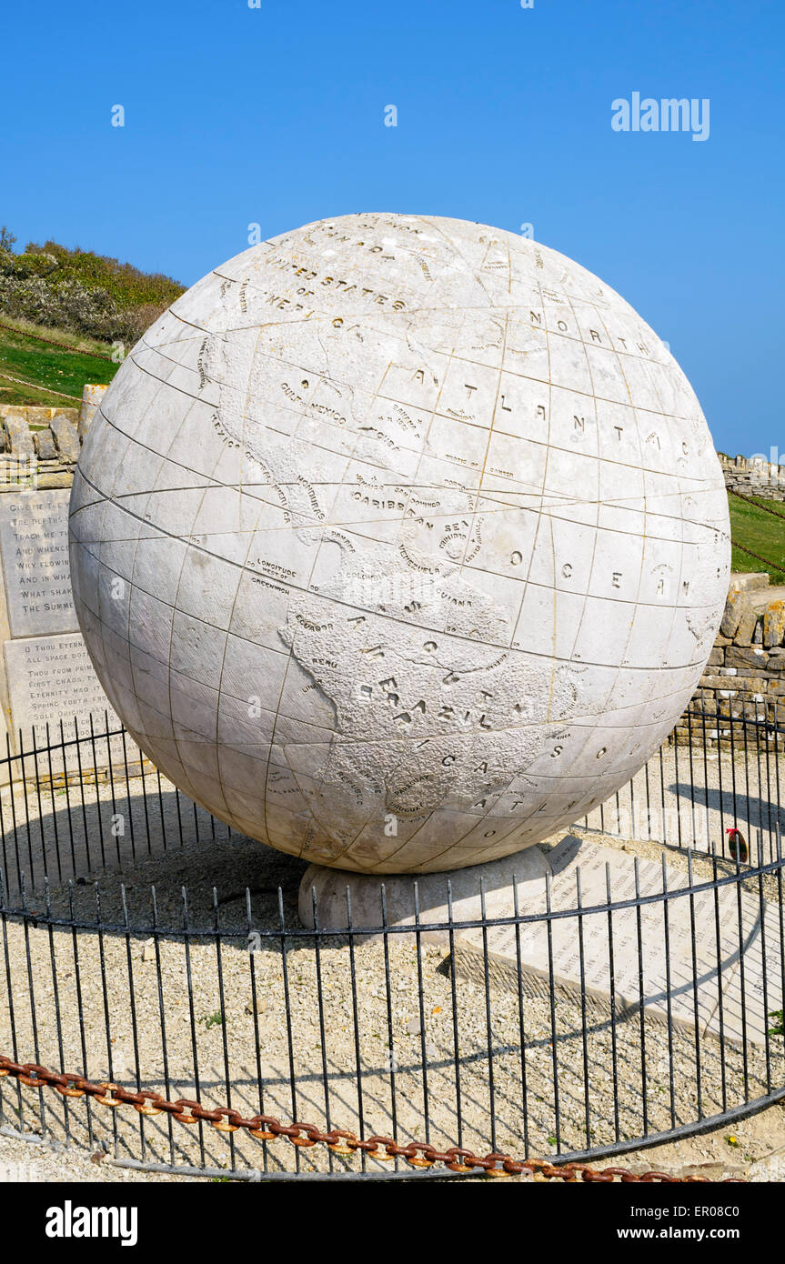 The Great Globe, Durlston Country Park, Swanage, Dorset, England consist of 15 stone sections held together by granite pegs. Stock Photo
