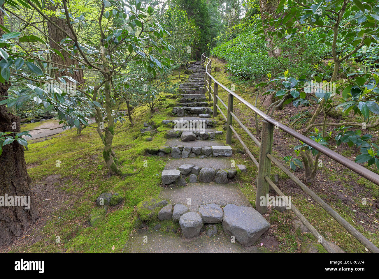Natural Stone Steps with Wood Railings in Portland Japanese Garden During Springtime Stock Photo