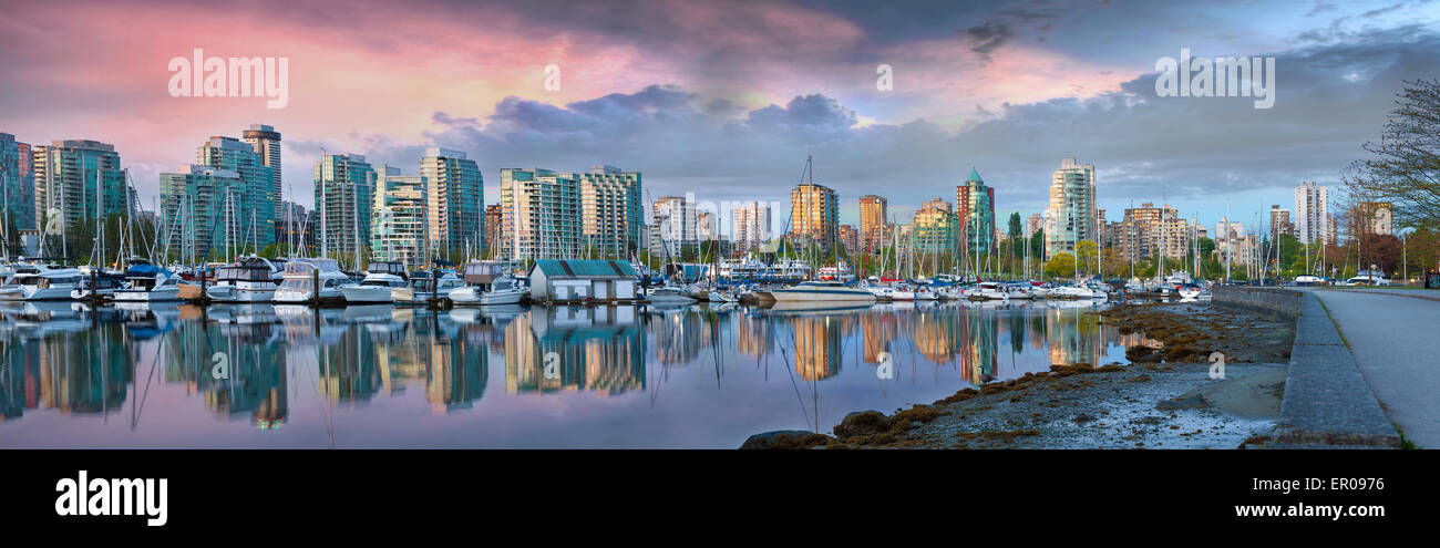 Vancouver British Columbia Canada City Skyline and Marina at Stanley Park during Colorful Cloudy Sunrise Panorama Stock Photo