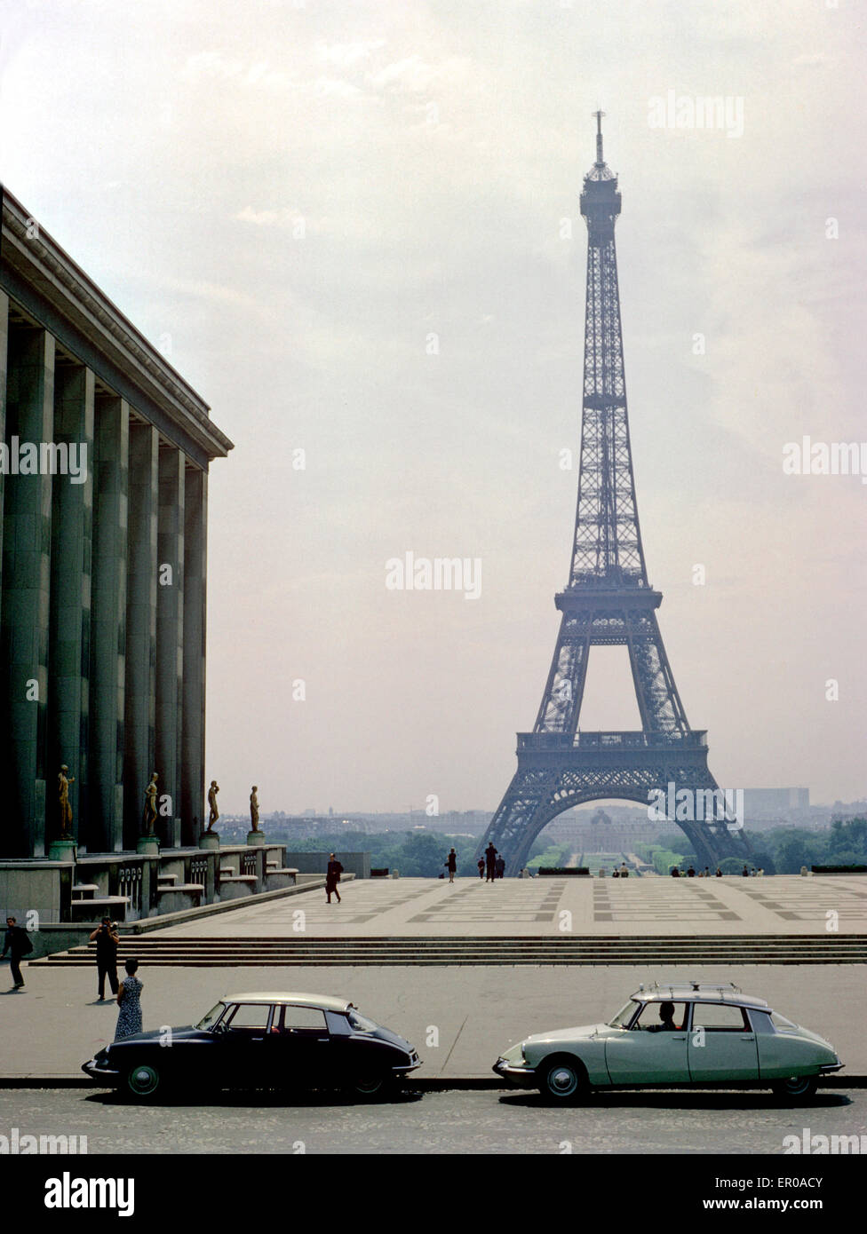 Two Citroen DS Cars Parked by The Eiffel Tower, Paris, France - 1960 Stock Photo
