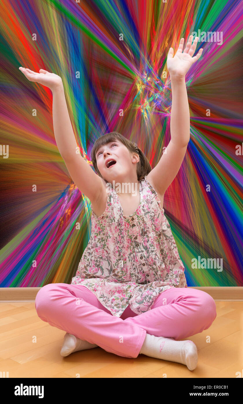 Girl meditating relaxing singing teenager abstract background Stock Photo