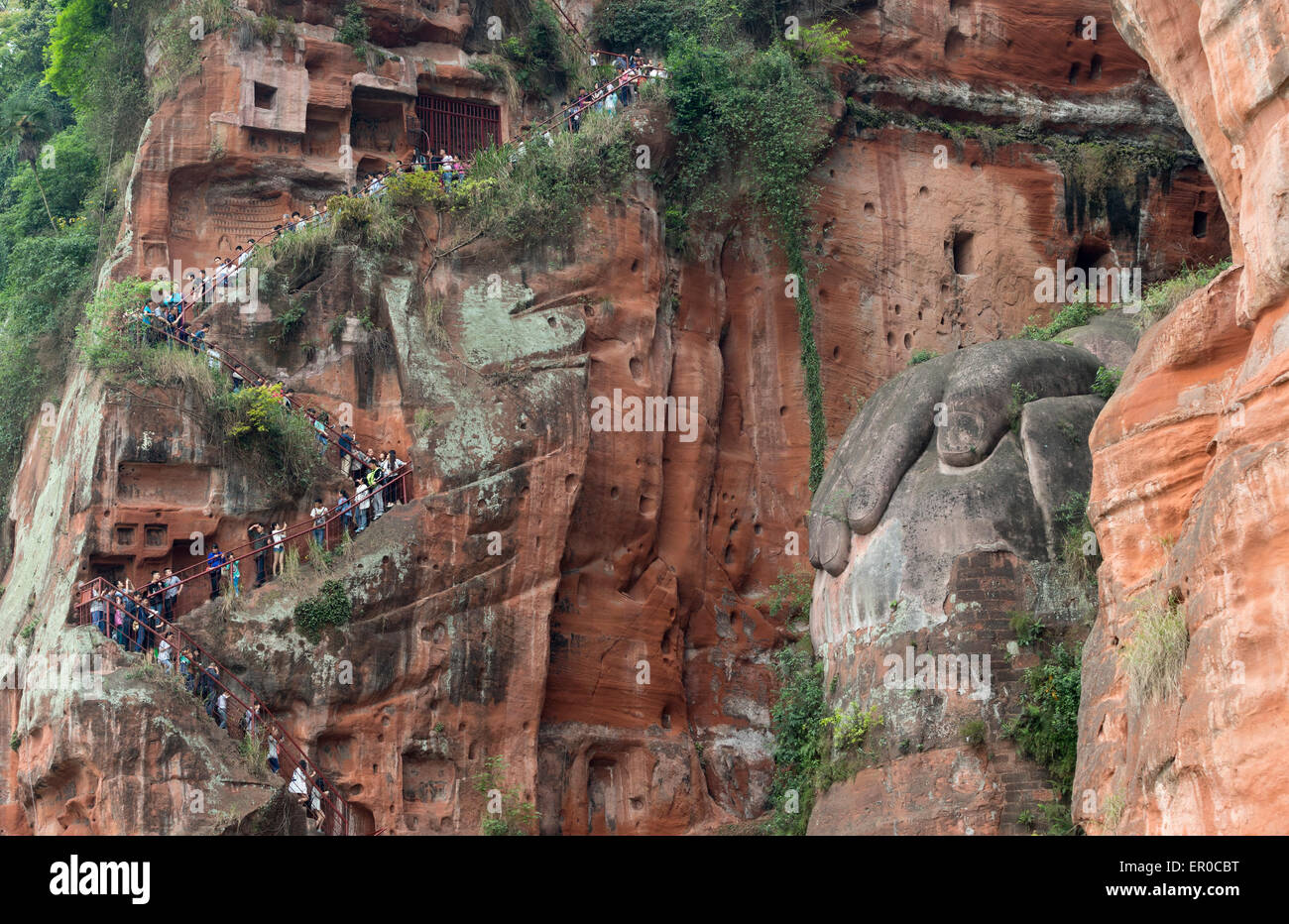 Leshan giant Buddha (Dafo) carved out of the cliff face at the Mingjian, Dadu and Qingyi rivers during the Tang Dynasty Stock Photo