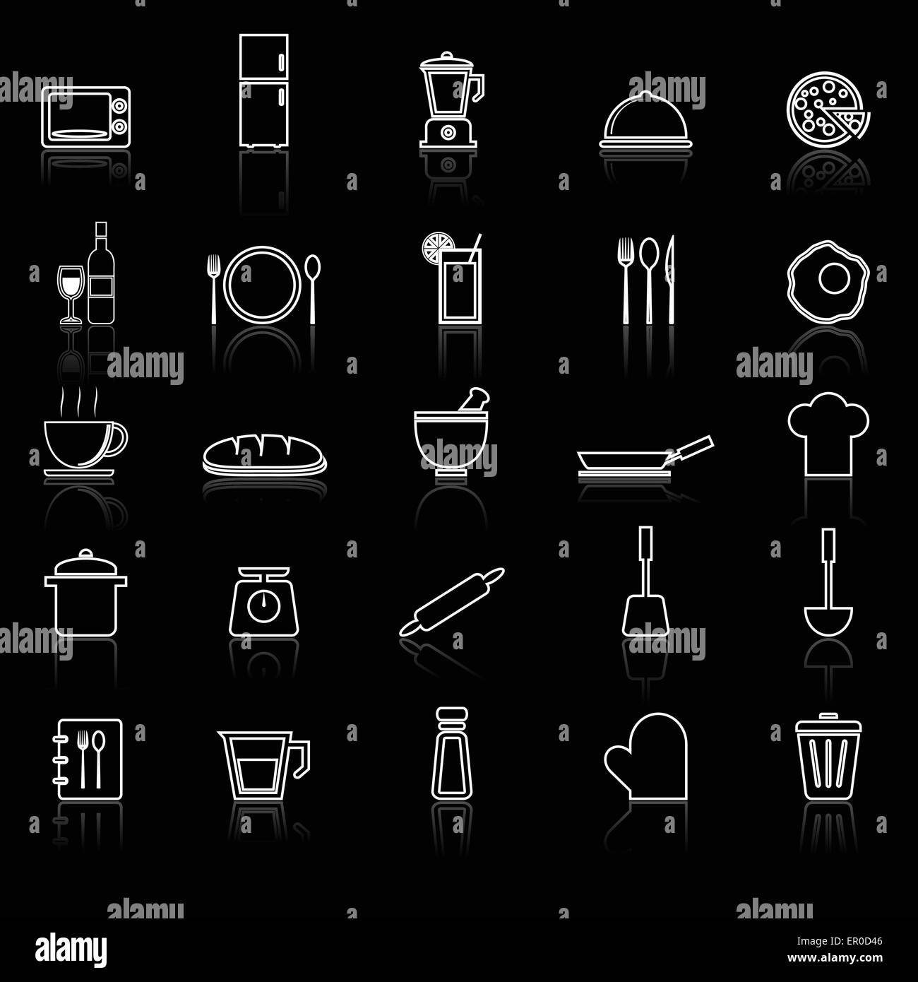 Kitchen line icons with reflect on black, stock vector Stock Vector ...