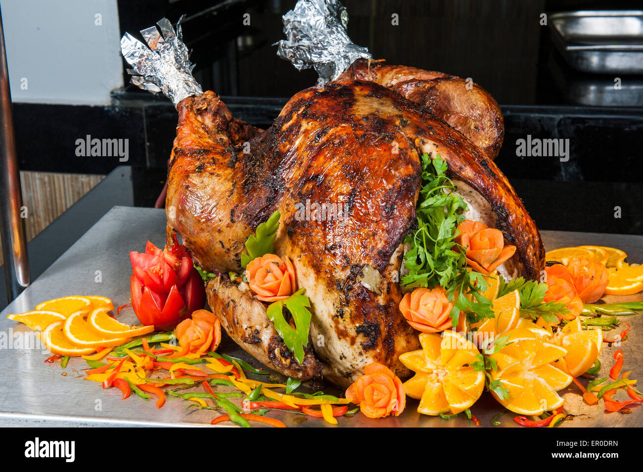 Closeup of roasted turkey on display at a restaurant buffet carvery