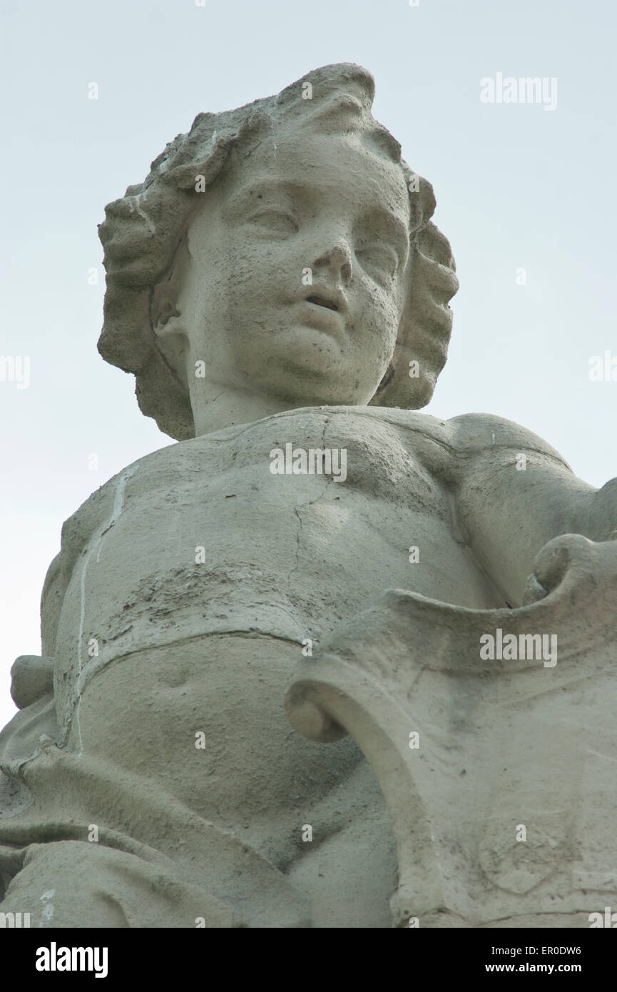 Study of stone Cherub feature outside Buckingham palace , London . UK