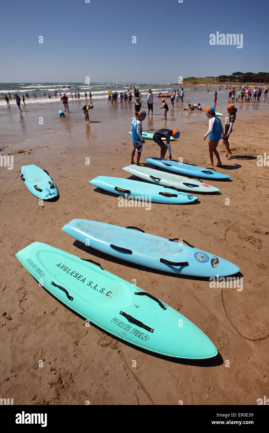 Surf life saving boards during a surf carnival. Anglesea, Victoria, Australia. Stock Photo