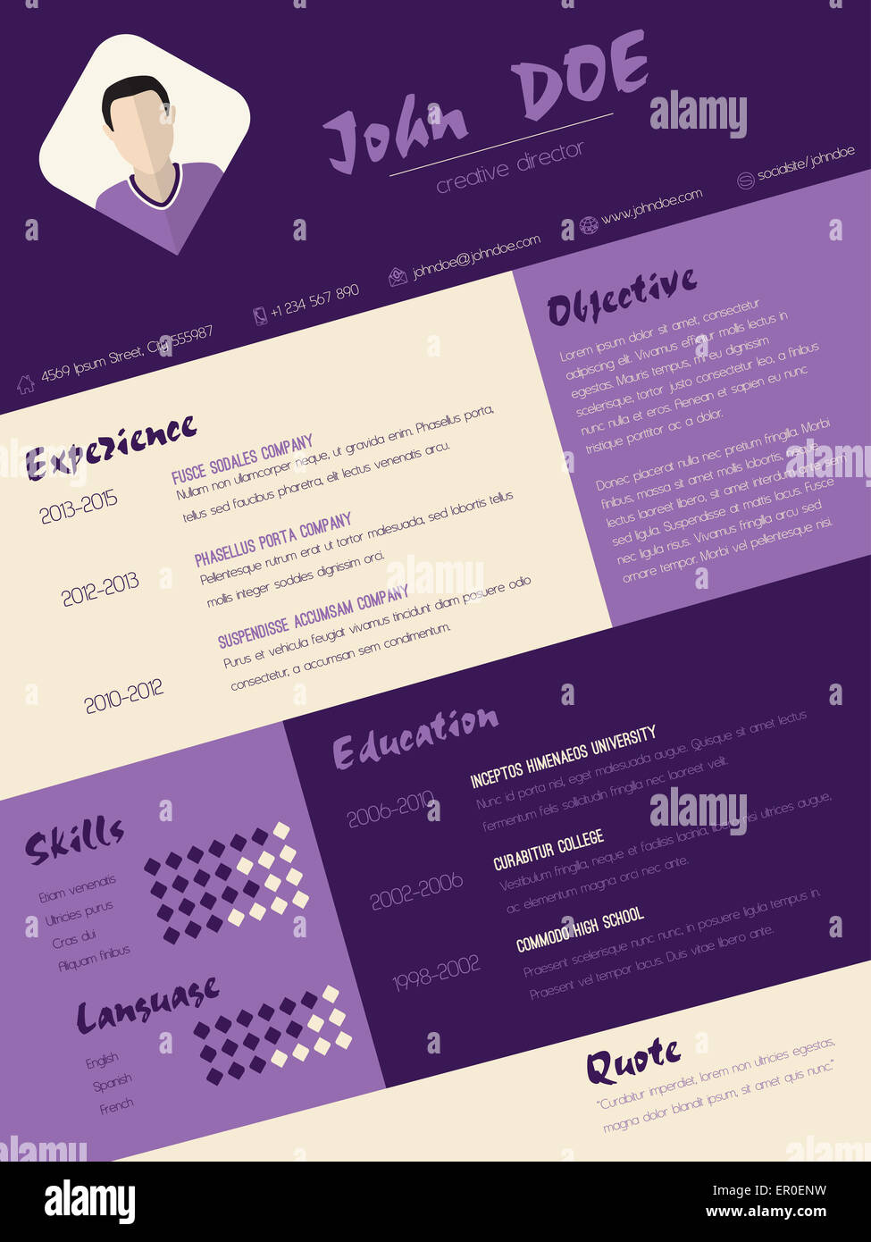 Modern curriculum vitae cv resume design with purple stripes Stock ...