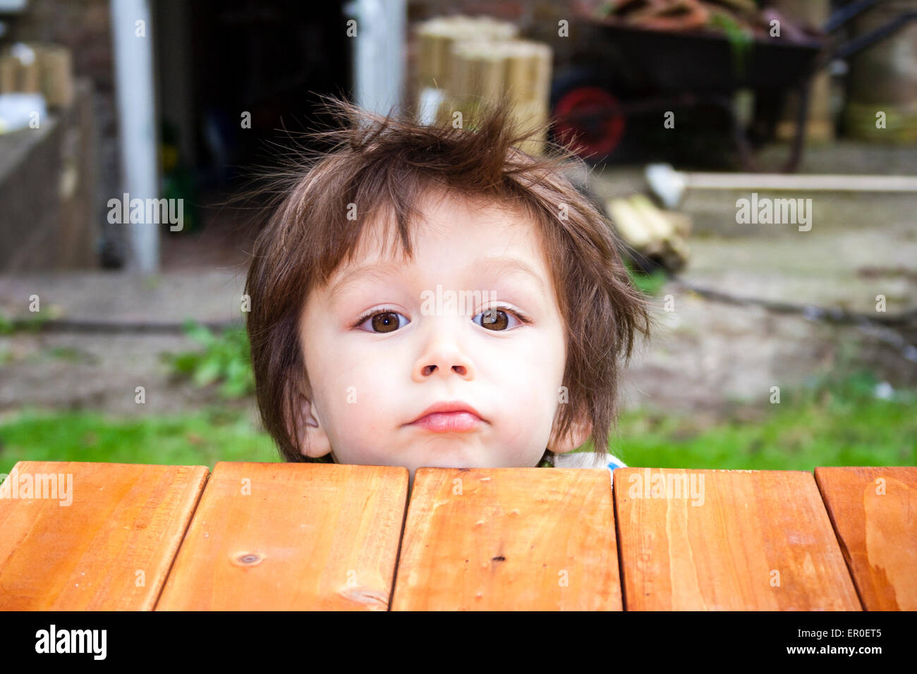 Close up of young child's face, boy, 3-4 year old, as he rests chin on wooden platform, facing and looking directly at viewer. Outdoors Stock Photo