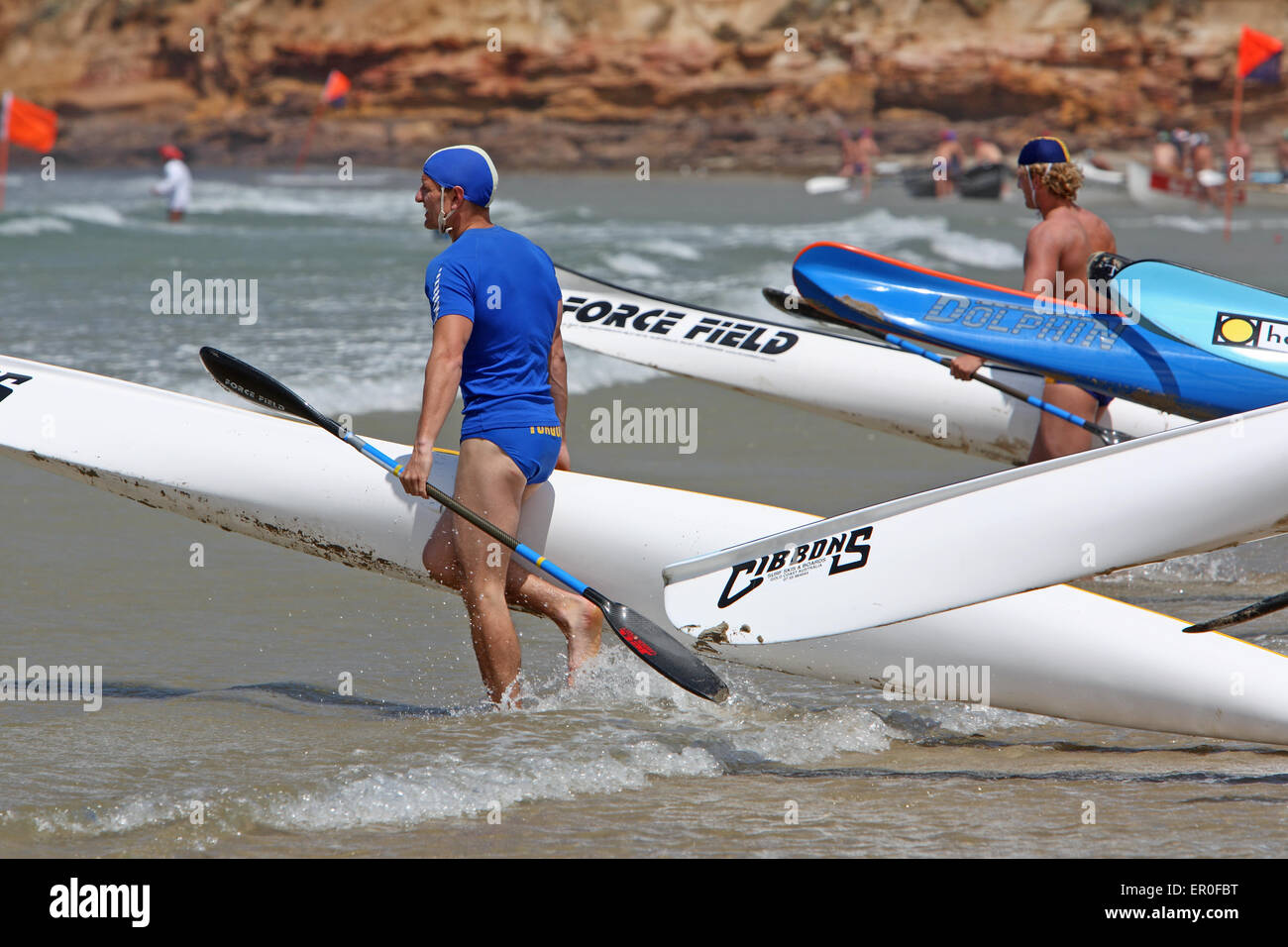 Surf ski race during a lifesaver carnival. Surf coast, Victoria, Australia. Stock Photo