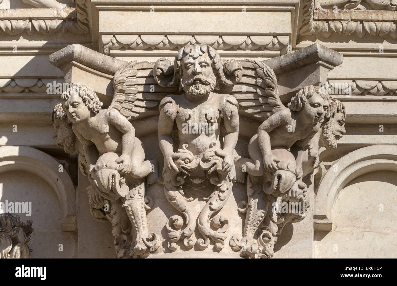 Detail of the exterior of the Basilica di Santa Croce at Lecce in Puglia with rich sculptures Stock Photo