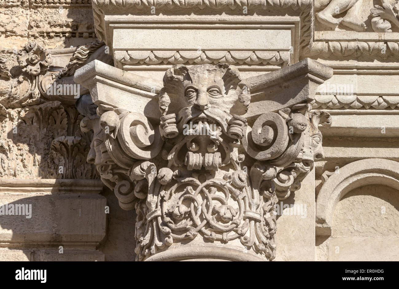 Detail of the exterior of the Basilica di Santa Croce at Lecce in Puglia with rich sculptures Stock Photo