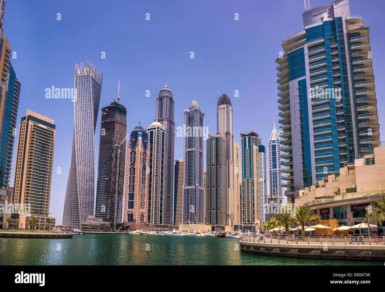 Modern buildings in Dubai Marina district. Marina is an artificial canal city built along Persian Gulf shoreline. Stock Photo