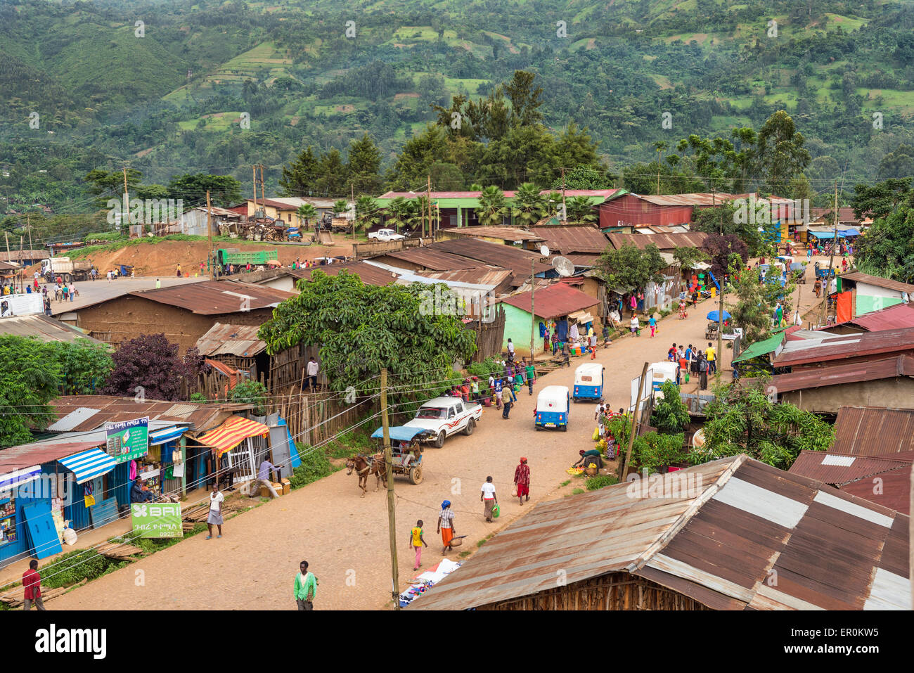 Above view of the street life in Mizan Teferi, also called Mizan Tefere. Stock Photo