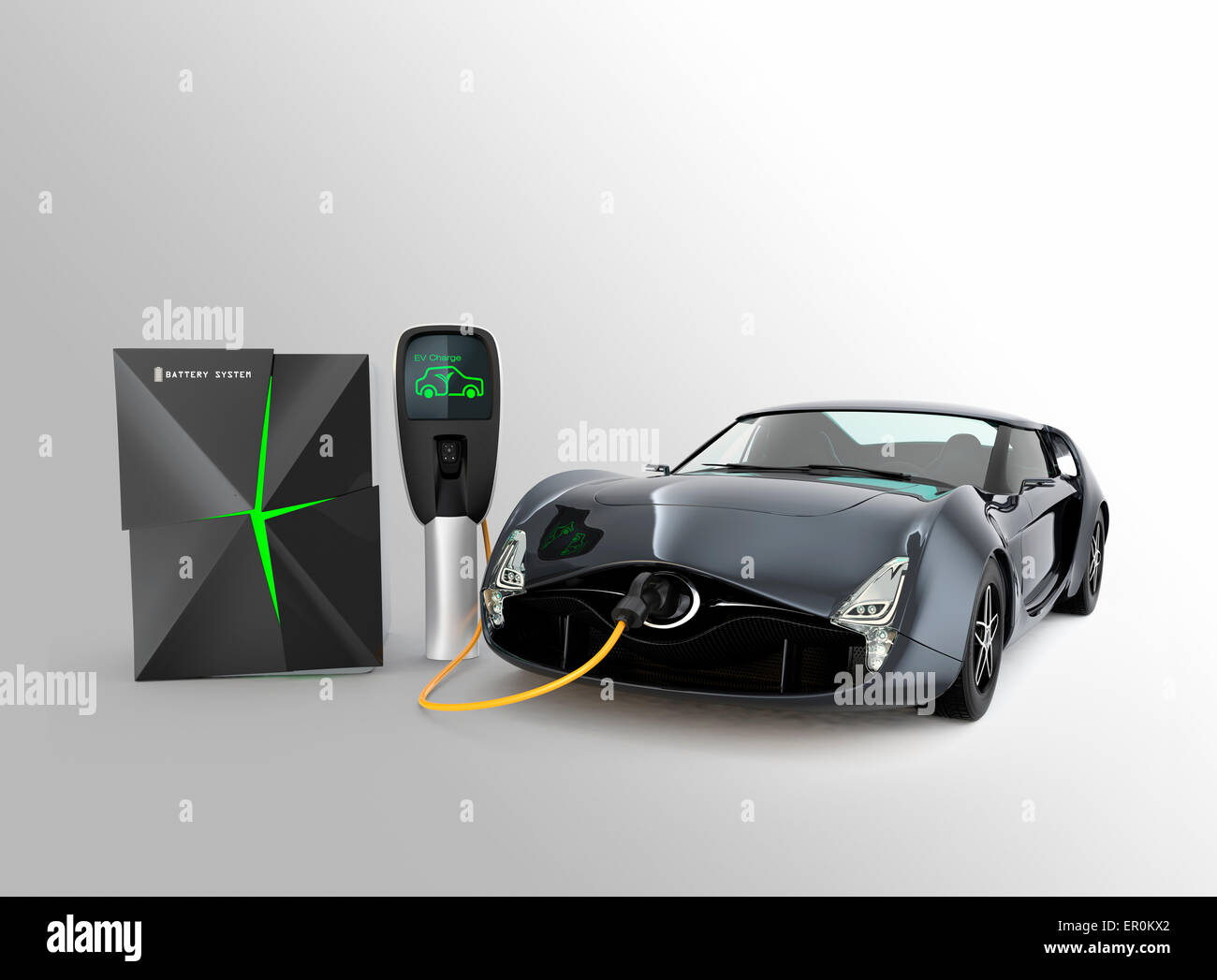 Electric car charging in EV charging station. The charging station power supply by battery storage system. Stock Photo